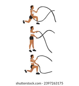 Woman doing Battle rope reverse lunges exercise. Flat vector illustration isolated on white background