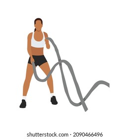 Woman doing Battle rope snakes exercise. Flat vector illustration isolated on white background