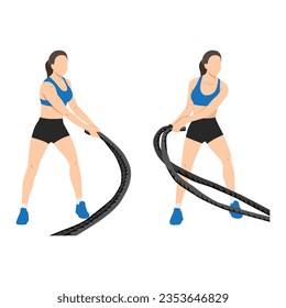 Woman doing Battle rope snakes exercise. Flat vector illustration isolated on white background