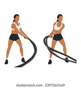 Woman doing Battle rope snakes exercise. Flat vector illustration isolated on white background