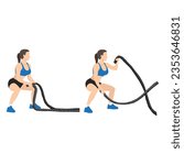 Woman doing battle rope squatting alternating waves. flat vector illustration isolated on white background