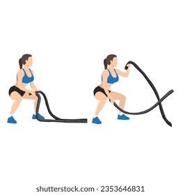 Woman doing battle rope squatting alternating waves. flat vector illustration isolated on white background