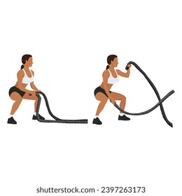 Woman doing battle rope squatting alternating waves. flat vector illustration isolated on white background