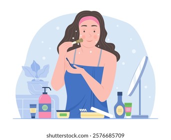 Woman Doing Beauty Skin Treatment and Applying Makeup on Face Concept Illustration