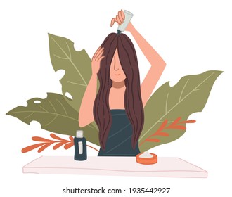 Woman doing beauty and spa procedures and treatment for hair. Lady dying and changing hairstyle. Girl using cosmetics products, masks and oils or special shampoo at home. Vector in flat style