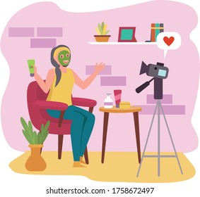 A woman doing beauty vlog at home iilustration