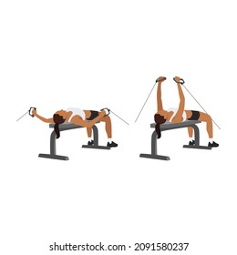 Woman doing Bench cable flies exercise. Flat vector illustration isolated on white background