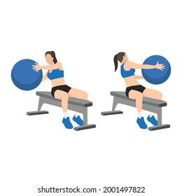 Woman doing Bench Swiss. exercise ball Russian twists exercise. Flat vector illustration isolated on white background