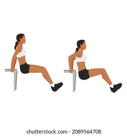 Woman doing bench tricep dips exercise flat vector illustration isolated on white background