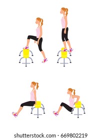 Woman doing bench workout. Tricep dips exercise. Vector illustration.