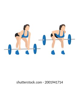 Woman doing Bent over barbell row from floor exercise. Flat vector illustration isolated on white background