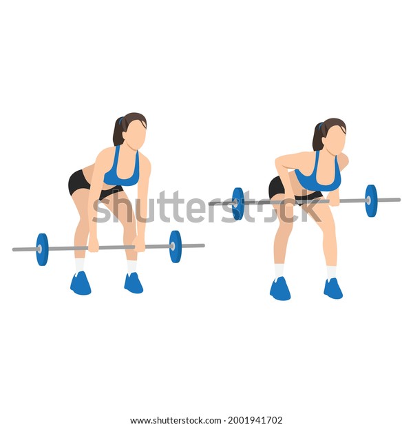 Woman doing Bent over\
barbell rows exercise. Flat vector illustration isolated on white\
background