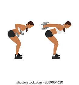 Woman doing bent over double arm tricep kickbacks exercise flat vector illustration isolated on white background 