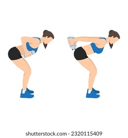 Woman doing Bent over double arm tricep kickbacks with water bottle exercise. Flat vector illustration isolated on white background