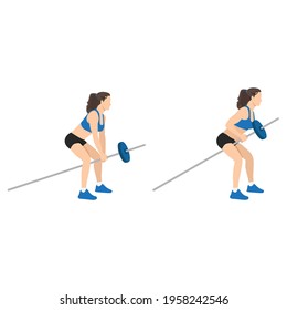 Woman doing bent over two arm long barbell. T-bar rows exercise flat vector illustration isolated on white background