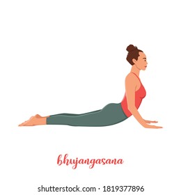 Woman doing Bhujangasana or Cobra Pose. demonstrating exercise during gymnastics training. Flat vector illustration isolated on white background