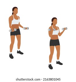 Woman Doing Bicep Curl Exercise. Flat Vector Illustration Isolated On White Background