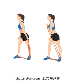 Woman doing Bicep side pull with long resistance band exercise. Flat vector illustration isolated on white background