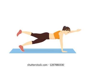 Woman doing bird dog plank exercise on blue mat. Illustration about Abdominal workout position.