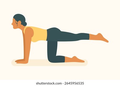 Mulher fazendo pose de cão-pássaro para envolver núcleo e glúteos, melhorando a postura, equilíbrio e estabilidade no treino de ioga e pilates
