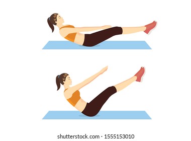 Woman Doing Boat Pose Exercise In 2 Steps For Guide. Illustration About Abs Workout Position Introduction.