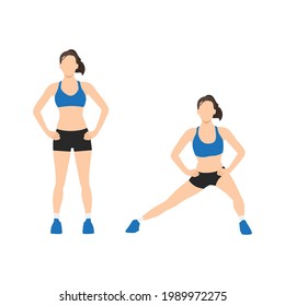 Woman doing Body weight side steps. Lateral lunges exercise. Flat vector illustration isolated on white background