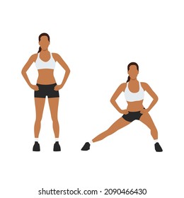 Woman doing Body weight side steps. Lateral lunges exercise. Flat vector illustration isolated on white background