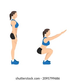 Woman doing bodyweight squat exercise. Flat vector illustration isolated on white background