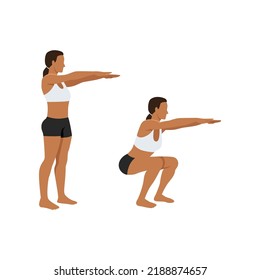 Woman doing bodyweight squat exercise. Flat vector illustration isolated on white background