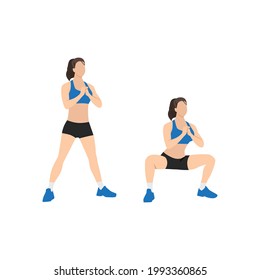 Woman doing Bodyweight sumo. Wide stance squats exercise. Flat vector illustration isolated on white background