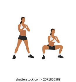 Woman doing Bodyweight sumo. Wide stance squats exercise. Flat vector illustration isolated on white background