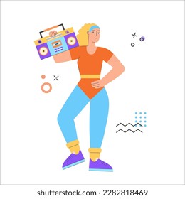 Woman doing boombox aerobic. Trendy 70s and 80s concept illustration. Retro sport outfit. Disco party. Workout, fitness. Vector illustration, isolated.