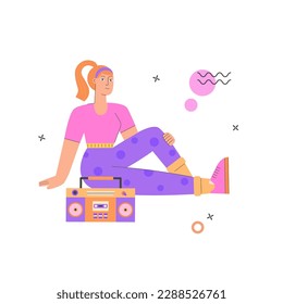 Woman doing boombox aerobic. Trendy 70s and 80s concept illustration. Retro sport outfit. Disco party. Workout, fitness. Vector illustration, isolated.