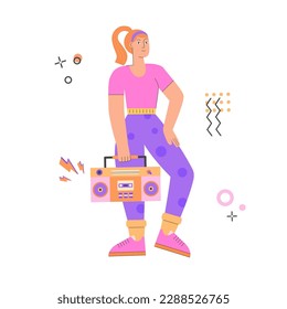 Woman doing boombox aerobic. Trendy 70s and 80s concept illustration. Retro sport outfit. Disco party. Workout, fitness. Vector illustration, isolated.