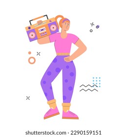 Woman doing boombox aerobic. Trendy 70s and 80s concept illustration. Retro sport outfit. Disco party. Workout, fitness. Vector illustration, isolated.