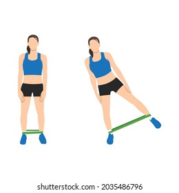 Woman doing Booty or glutes workout with resistance bands. Leg side abduction concept, lateral leg lifts.Flat vector illustration isolated on white background