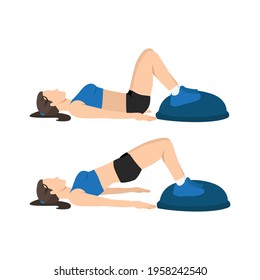 Woman doing Bosu ball bridges hip raises. Glute bridges flat vector illustration isolated on white background