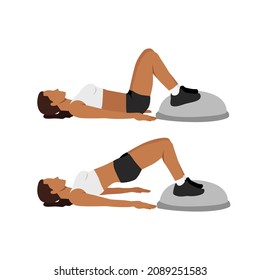 Woman doing Bosu ball bridges hip raises. Glute bridges flat vector illustration isolated on white background