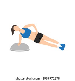 Woman doing Bosu ball side plank exercise. Flat vector illustration isolated on white background