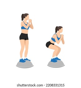 Woman Doing Bosu Ball Squat Exercise. Flat Vector Illustration Isolated On White Background