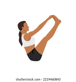 Woman doing Both Big Toe Pose, Double Toe Hold, Balancing Stick Pose, Dronasana. Practice Ubhaya Padangusthasana. Flat vector illustration isolated on white background