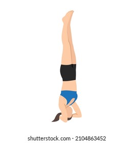 Woman doing Bound headstand pose or Buddha hasta sirsasana exercise. Flat vector illustration isolated on white background