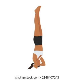 Woman doing Bound headstand pose or Buddha hasta sirsasana exercise. Flat vector illustration isolated on white background