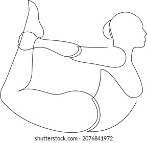 Woman doing Bow Yoga Pose or Dhanurasana. Yoga class exercise concept. Continuous line drawing. Vector illustration