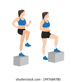 Woman Doing Box Step Up Exercise. Flat Vector Illustration Isolated On White Background