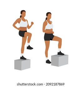 Woman doing Box step up exercise. Flat vector illustration isolated on white background