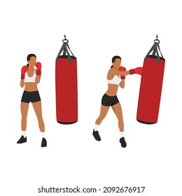 Woman doing Boxing with a punching bag exercise. Flat vector illustration isolated on white background