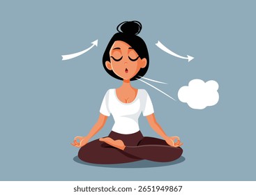 
Mulher fazendo um exercício de respiração em Yoga Pose Vetor Desenho Animado. Garota despreocupada tentando relaxamento e respiração profunda para alívio do estresse
