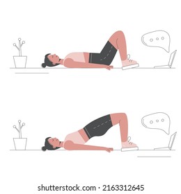 Frauen, die eine Brückenübung durchführen, trainieren Fitness, Aerobic und Übungen. Training für Ausgewogenheit. Fitness- und Gesundheitskonzepte. Vektorflache Illustration. Online-Schulungskonzept.