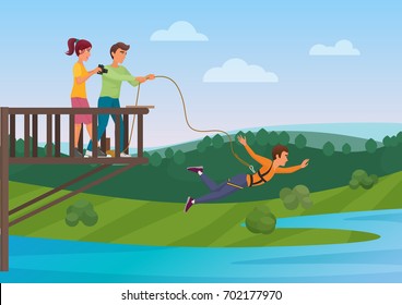 Mujer haciendo puenteo con los amigos ilustraciones vectoriales. Puente de Bungee. Deporte extremo.